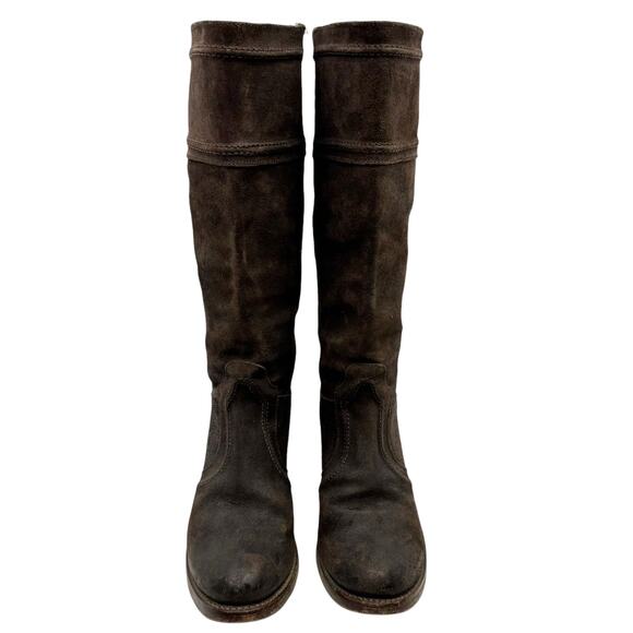 Frye Jean Jane Brown Roughout Leather Stitched Pull On Tall Riding Western Boots - Picture 2 of 12